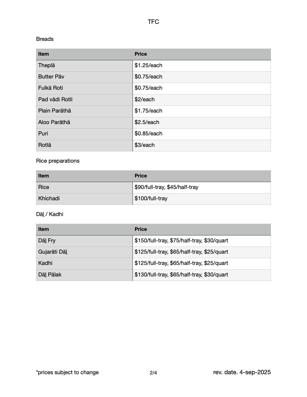 Page 2/4 of The Flavor Cartel's menu